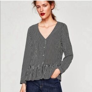 Zara Striped Long Sleeve Frilled Hem Button Down Peplum Top | Shirt
